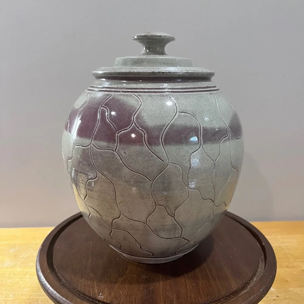 Vtg 1991 Loy Carpenter Studio Pottery Lidded Ginger Jar Gray Plum Postmodern Art